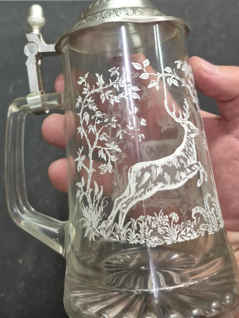 Vintage Glass Beer Stein with Deer Design thumbnail
