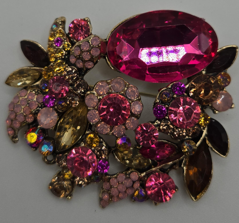 Rhinestone Floral Brooch - Pink & Gold thumbnail