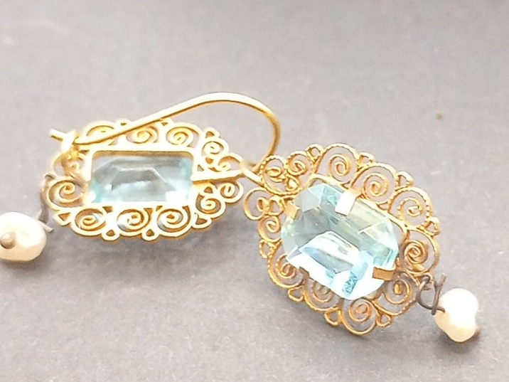 Vintage Gold Tone Aquamarine & Pearl Earrings thumbnail