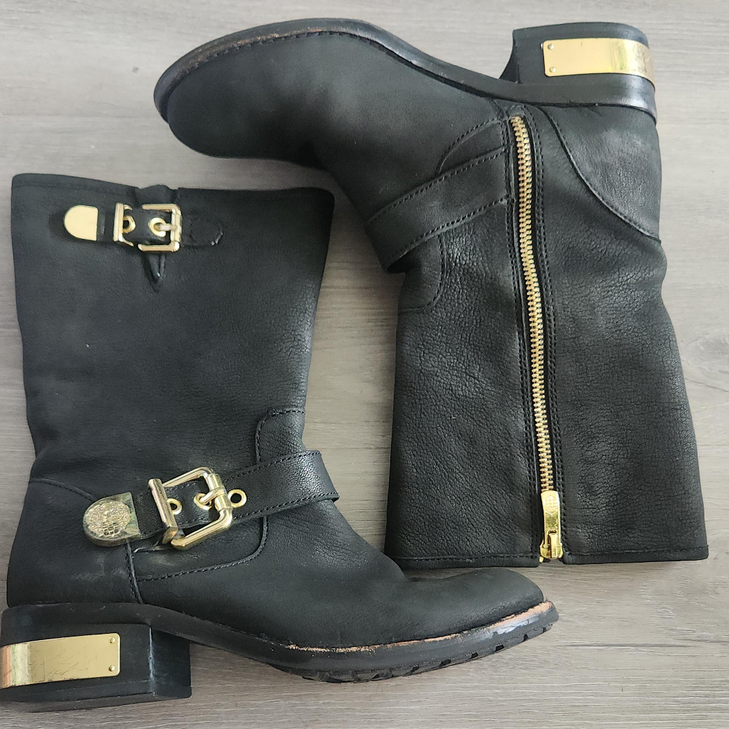 Black Leather Boots with Gold Buckles & Zippers