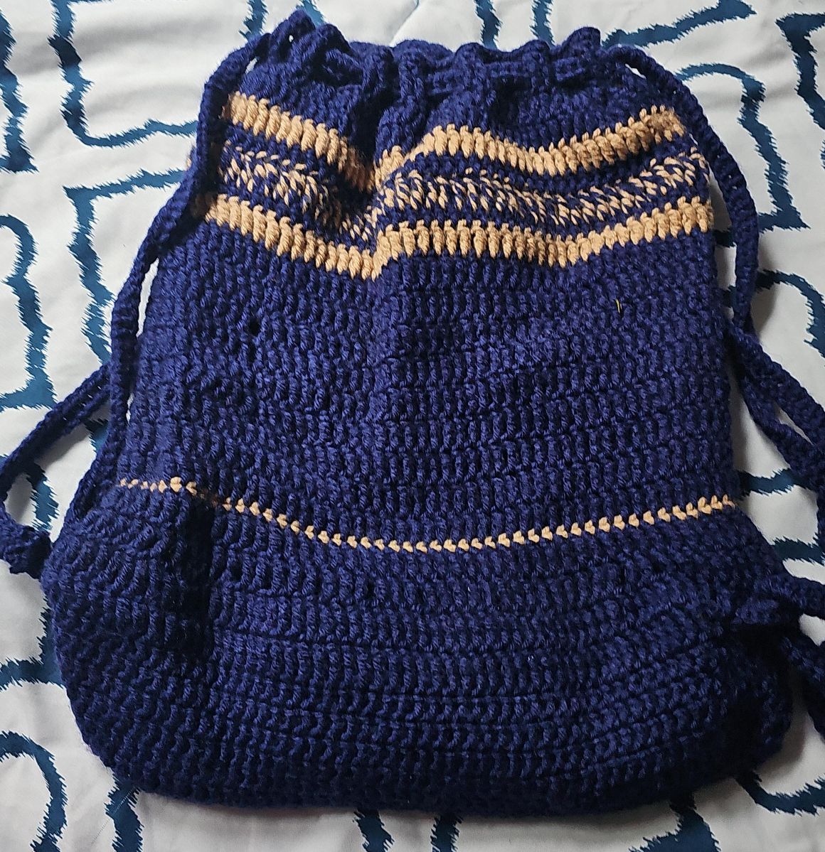 Handmade Crocheted Backpack - Blue & Tan thumbnail