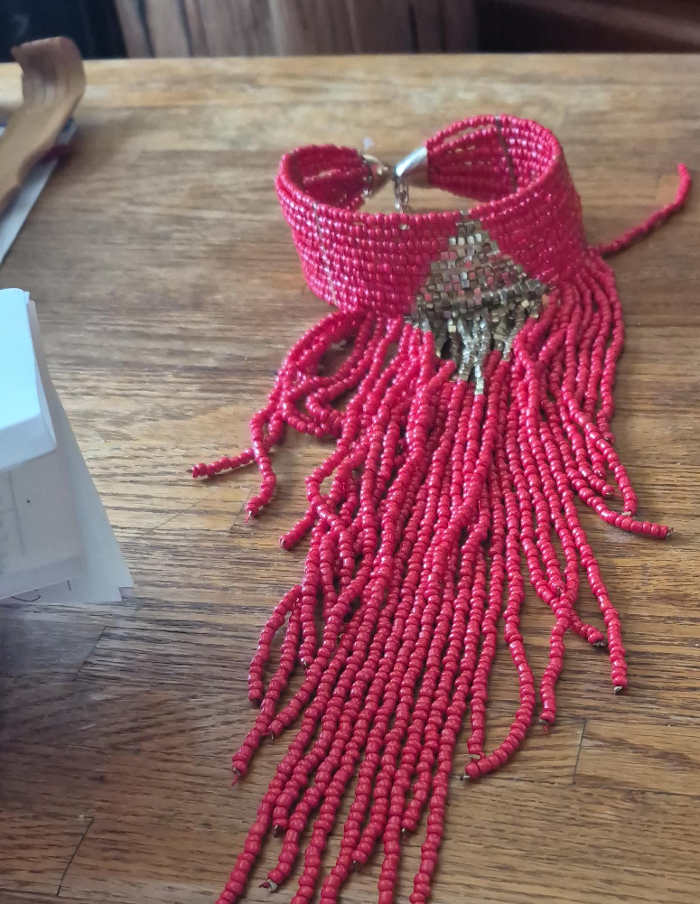 Red Beaded Fringe Statement Necklace thumbnail