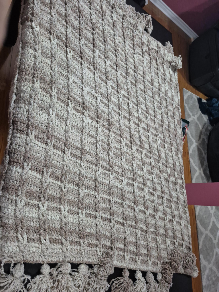 Beige & White Throw Blanket with Tassels thumbnail