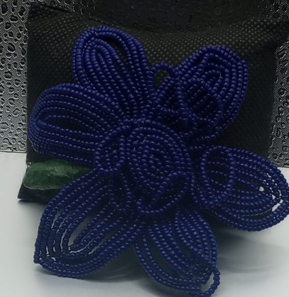 Blue Beaded Flower Brooch Pin thumbnail