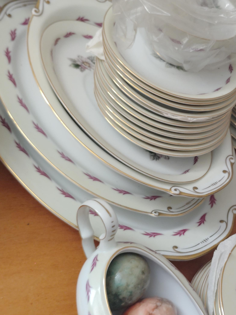 White and Gold Trimmed Dinnerware Set with Floral Pattern