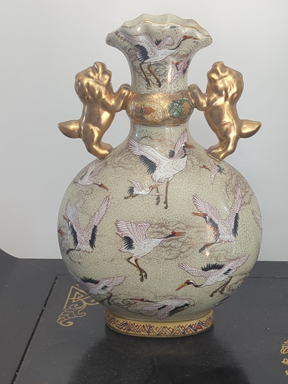 Vintage Crane Design Vase with Lion Handles thumbnail