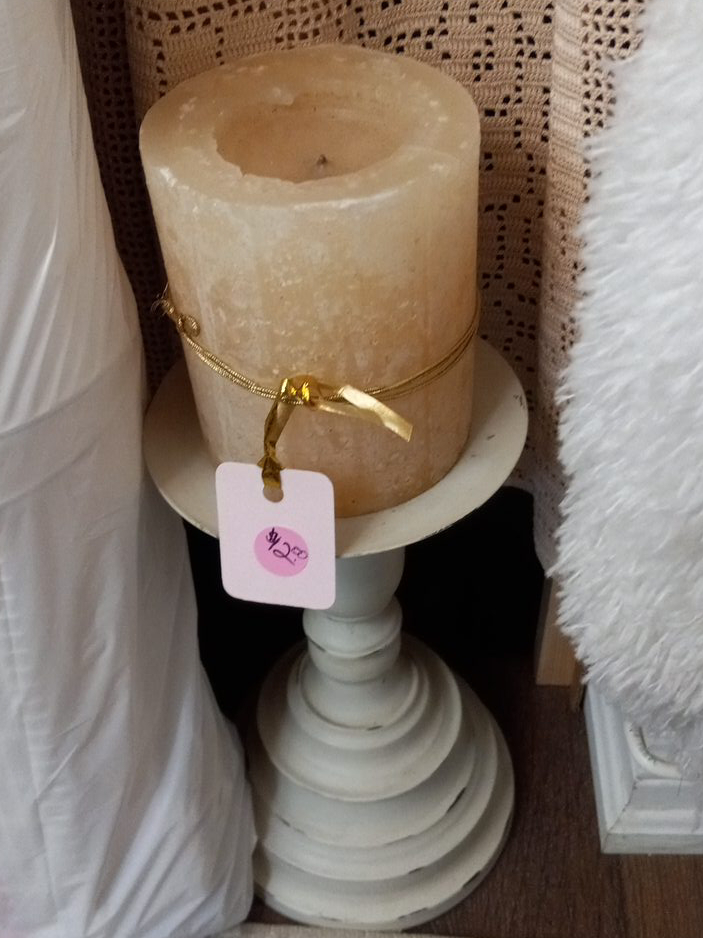 Large Beige Scented Pillar Candle & pedestal