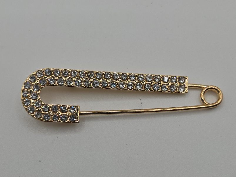 Gold Safety Pin Brooch with Rhinestones thumbnail