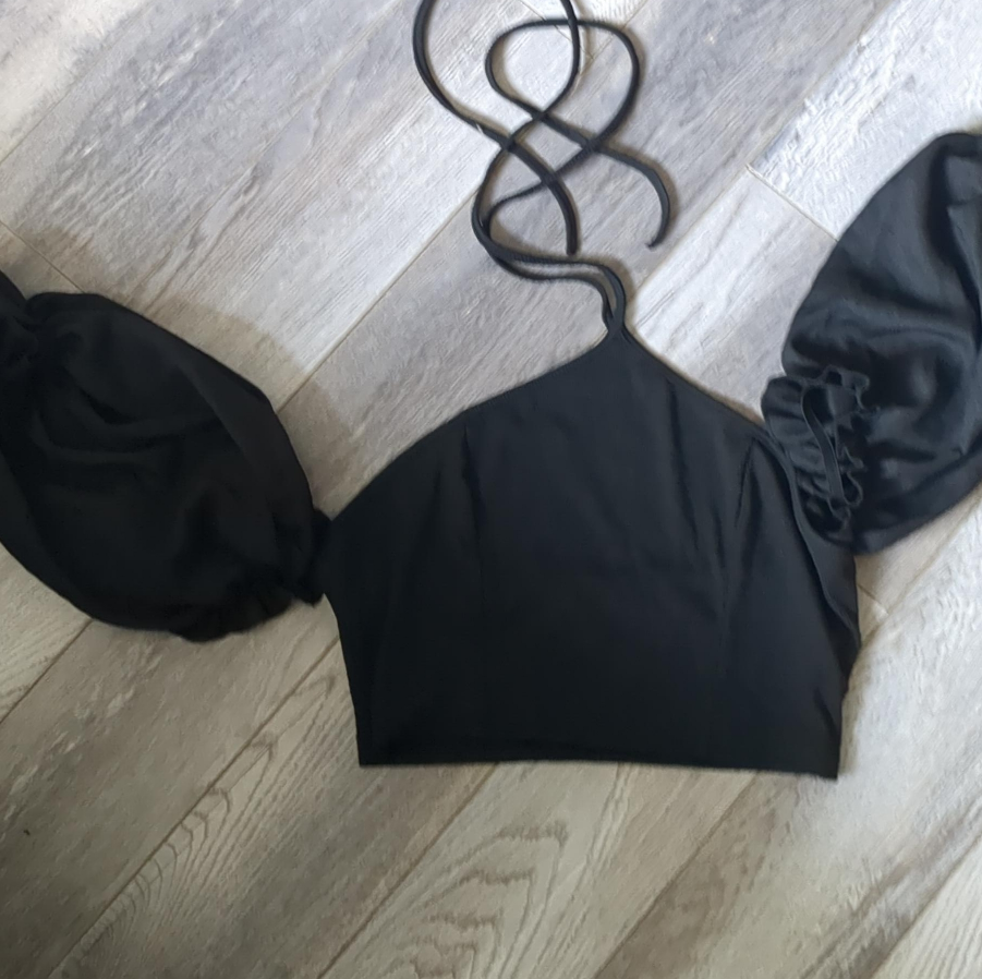 Black Halter Top with Puff Sleeves thumbnail