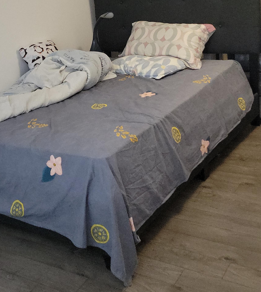 URGENT Grey Upholstered Bed Frame, Mattress & Box Spring