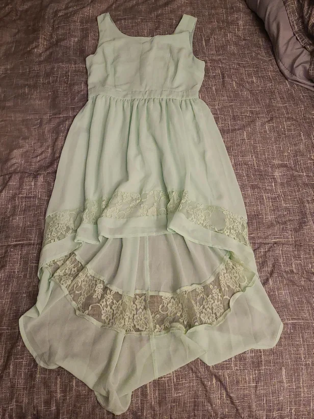 Light Green High-Low Dress with Lace Trim