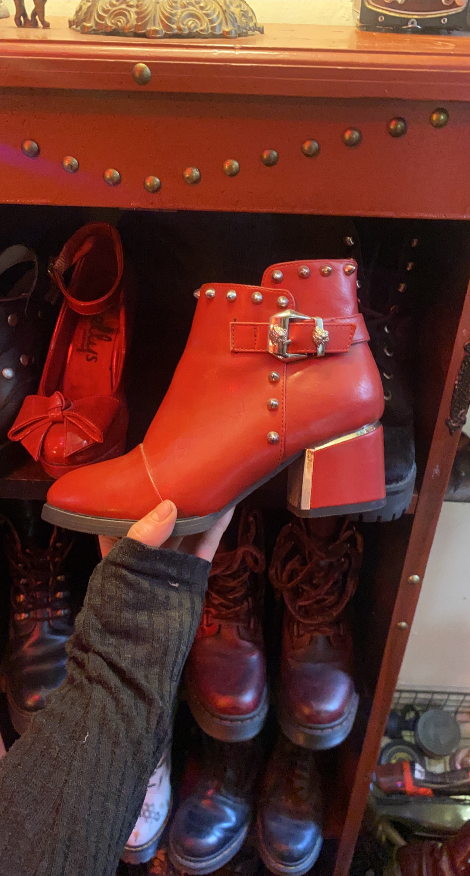 Red Studded Buckle Ankle Boots