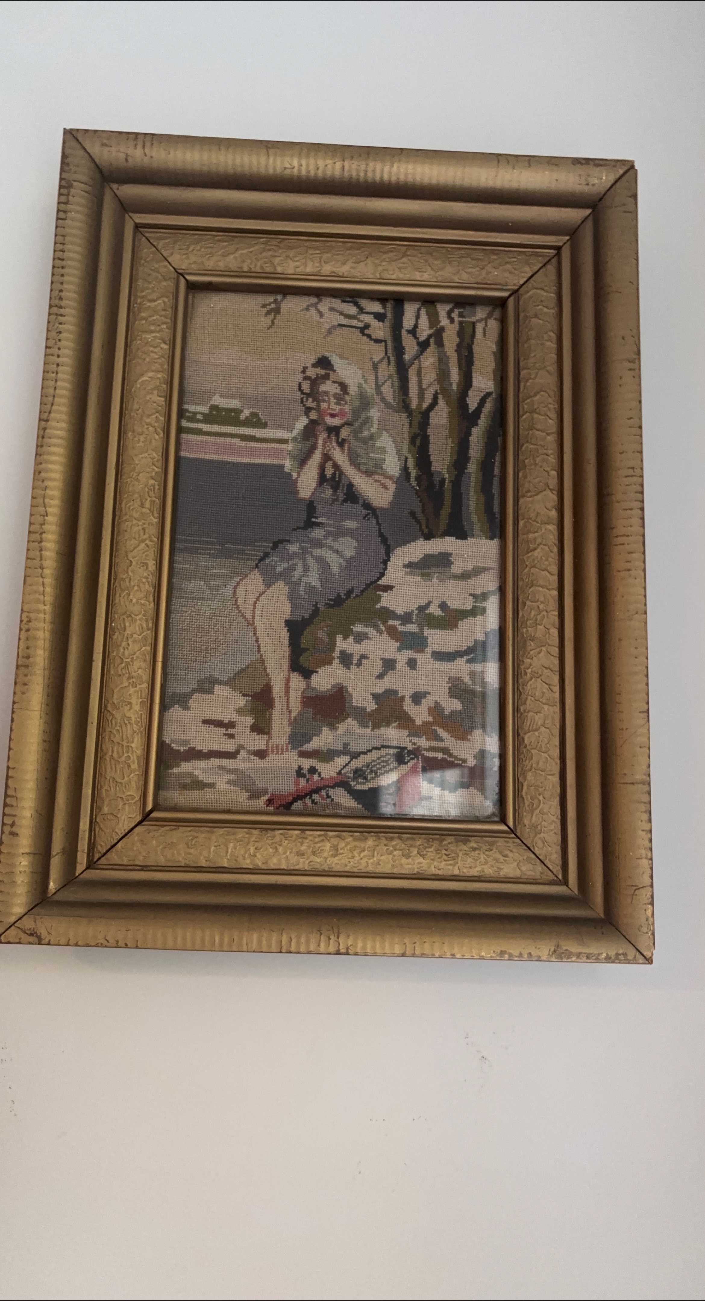 Vintage Framed Needlepoint Art- Petite Point Handmade thumbnail