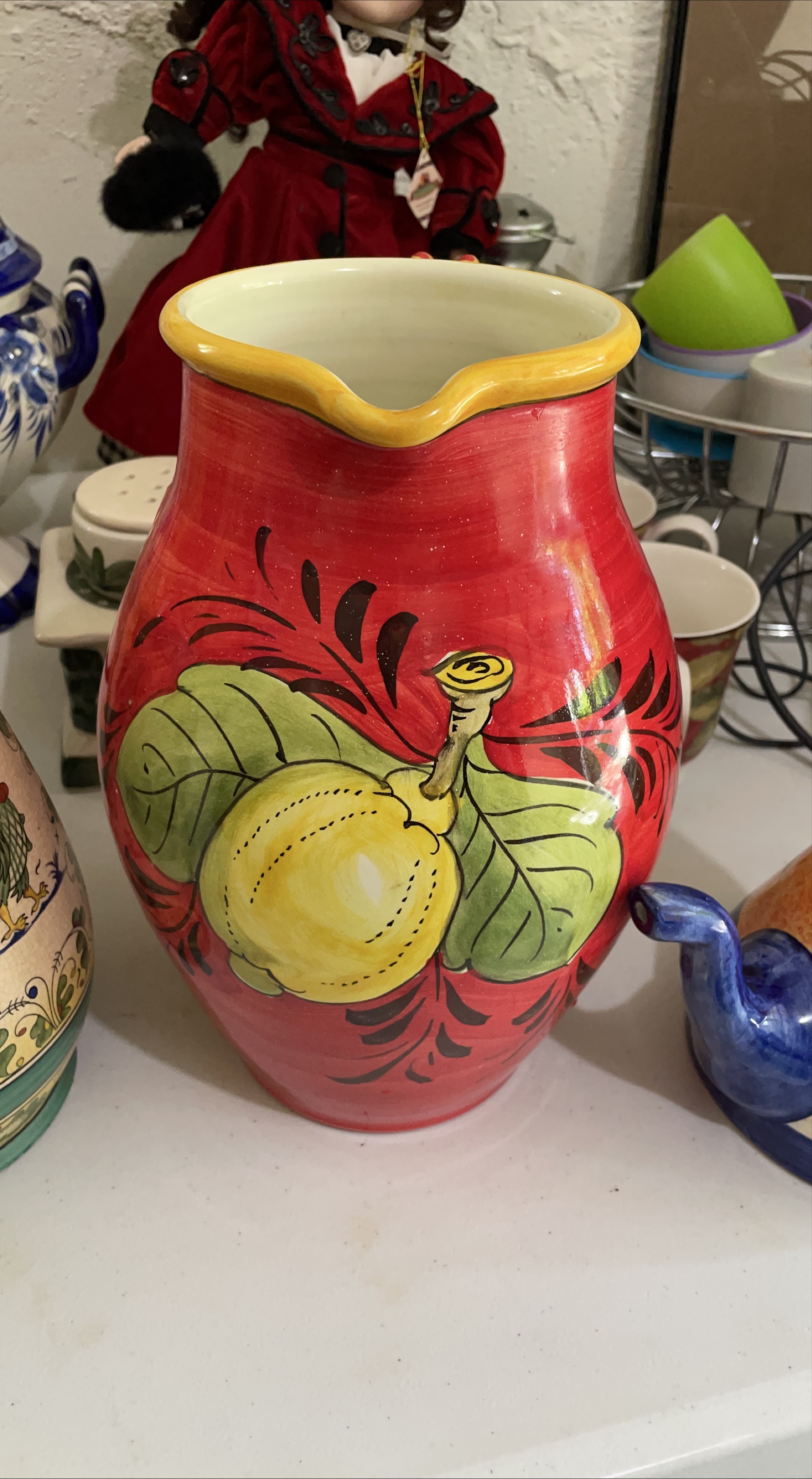 Red Ceramic Pitcher with Lemon Design thumbnail
