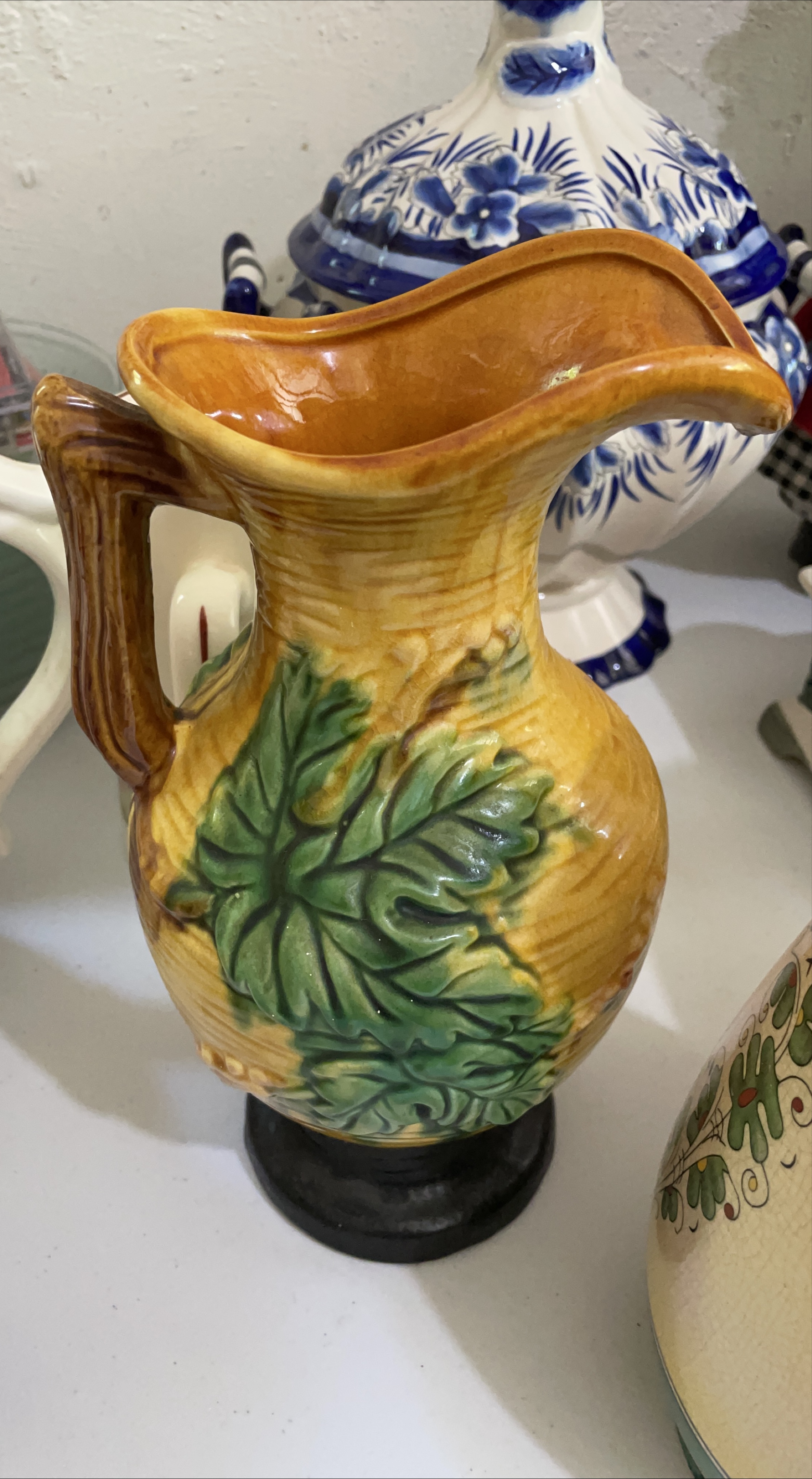 Vintage Ceramic Pitcher with Leaf Design thumbnail