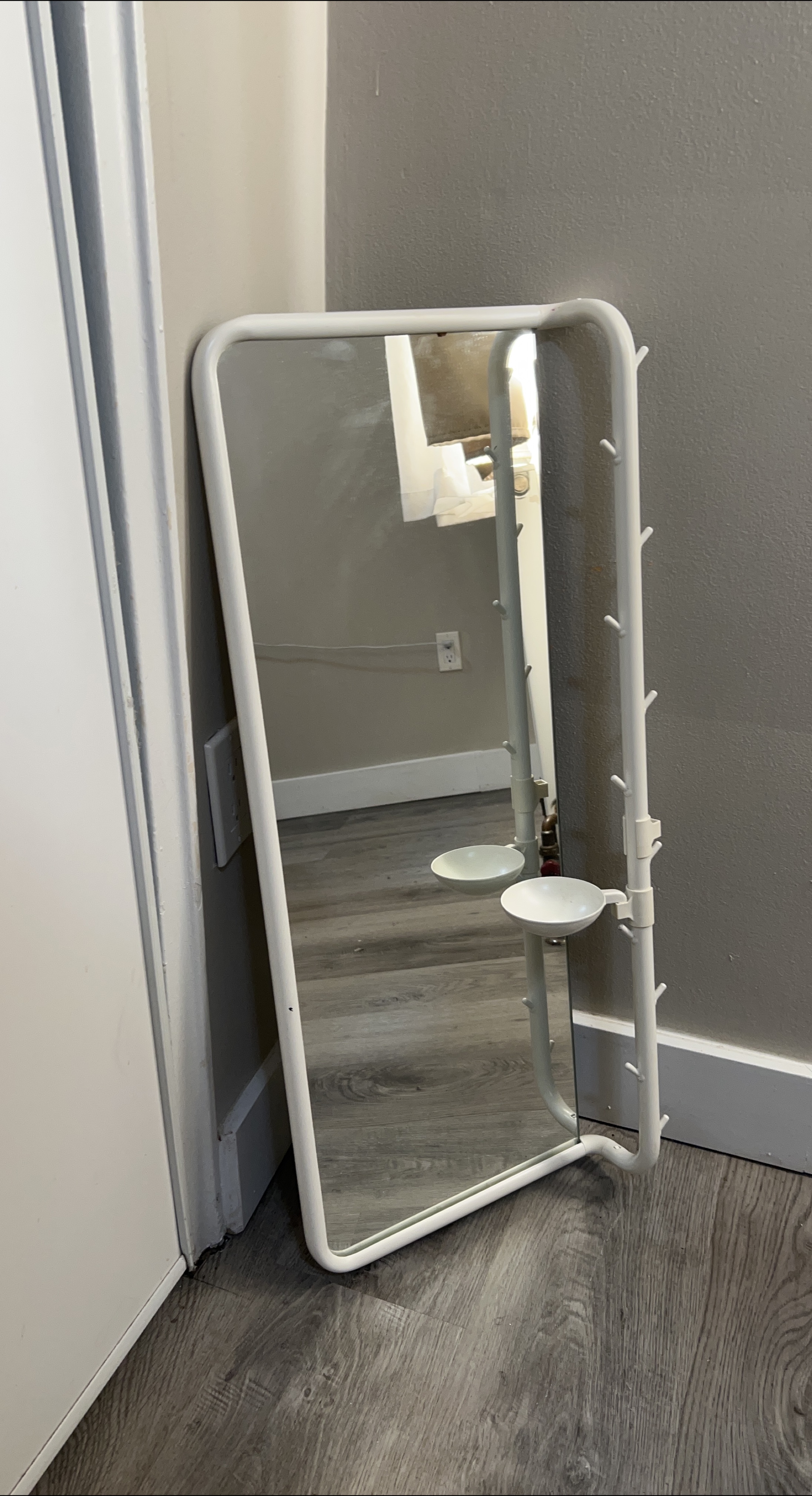 White Standing Mirror with Hooks thumbnail