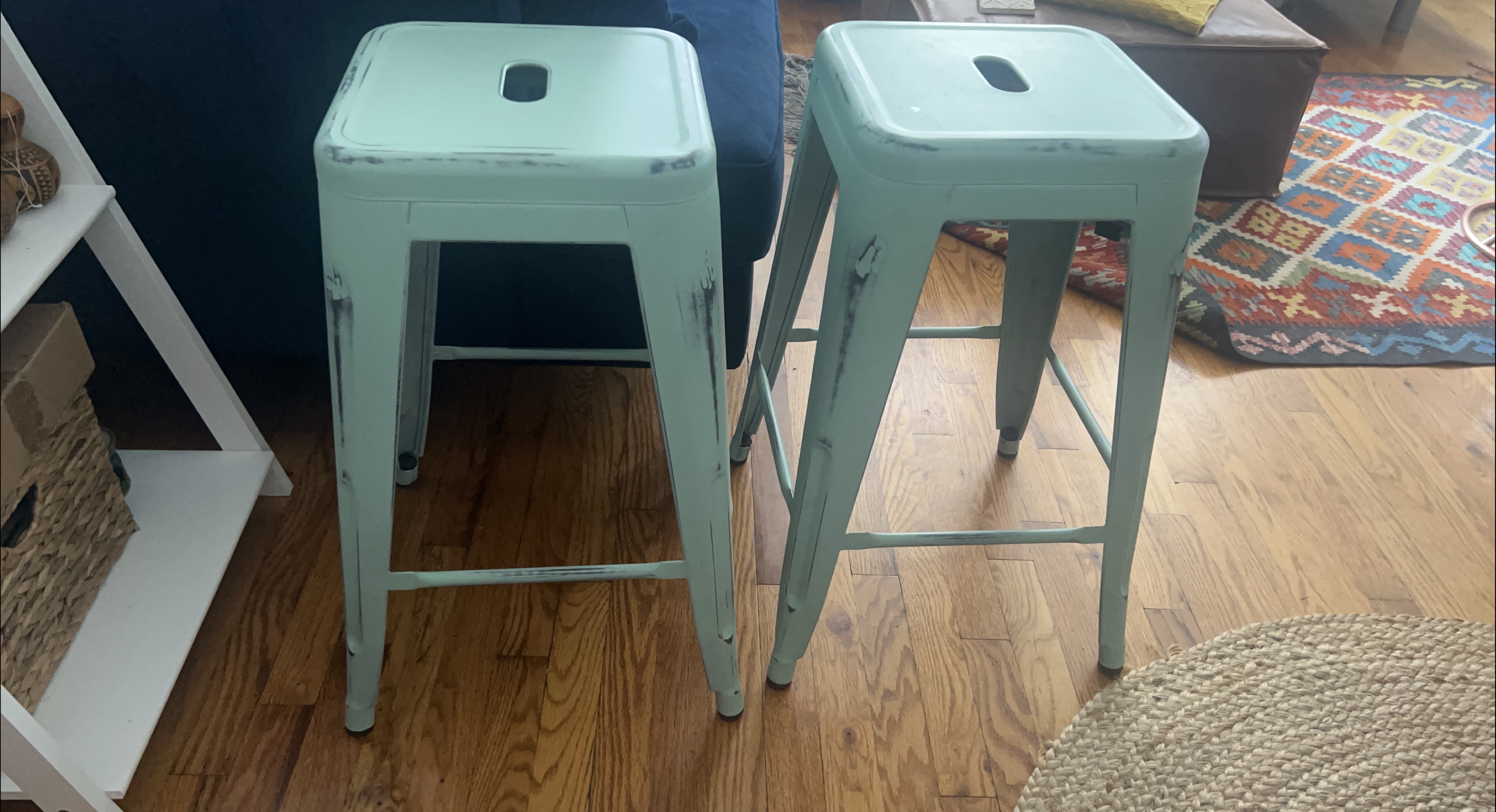 2 Light Blue Metal Bar Stools thumbnail