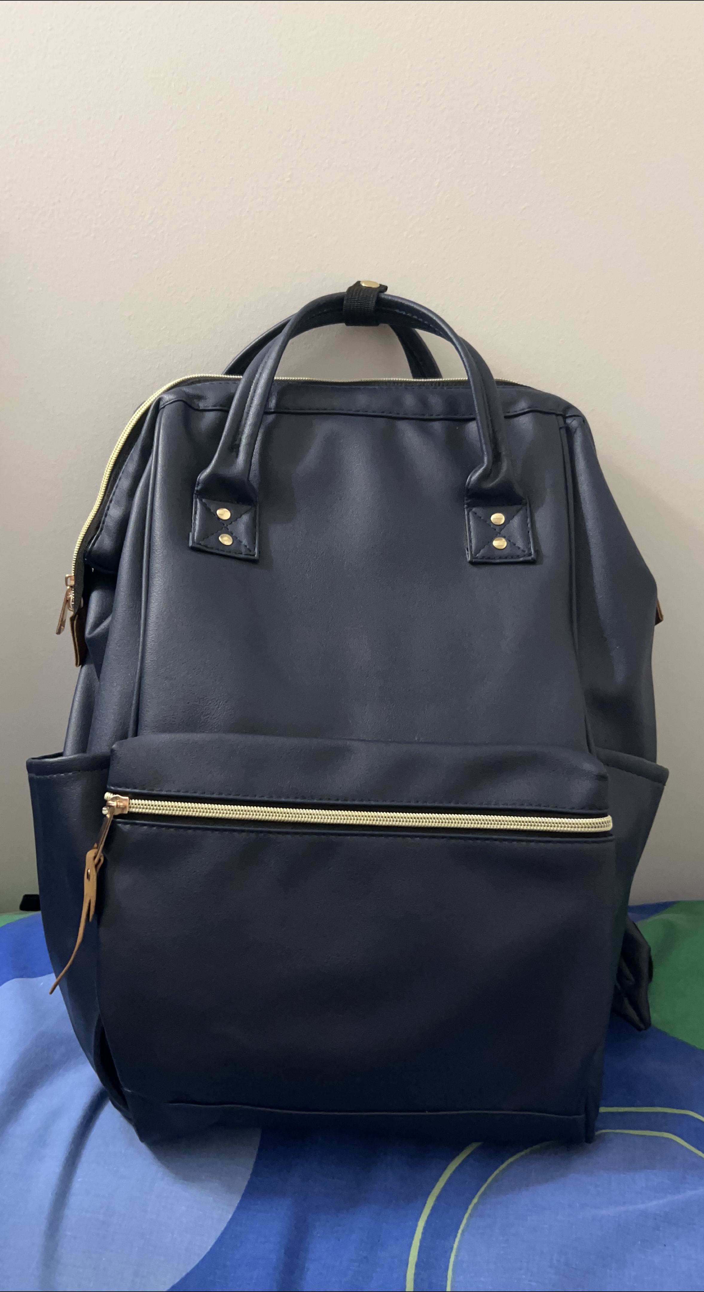 Navy Blue Faux Leather Backpack
