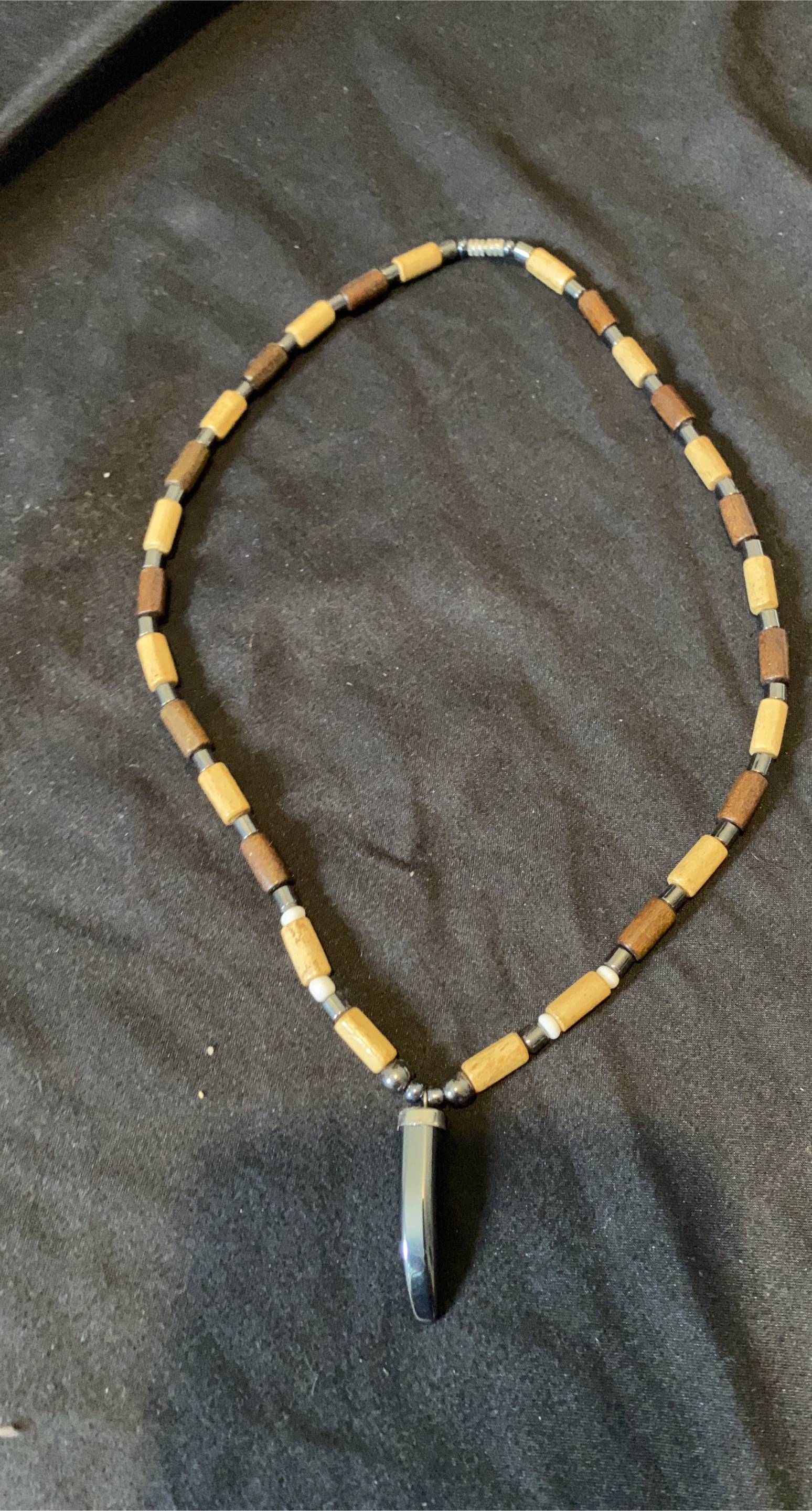 Wooden Bead Necklace with Silver Pendant thumbnail