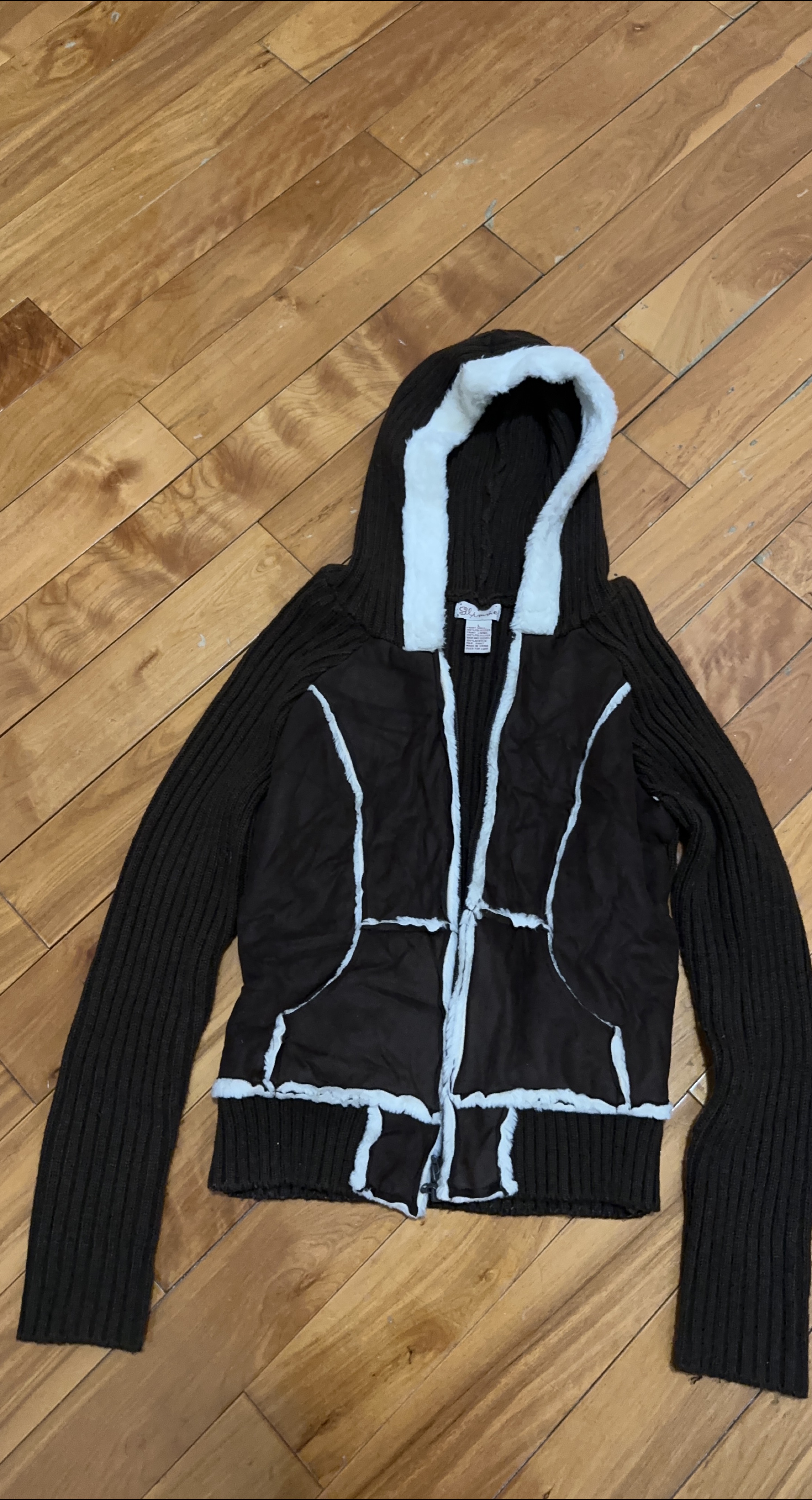 Glimmer Brown Faux Suede Fur Trim Hoodie Size L