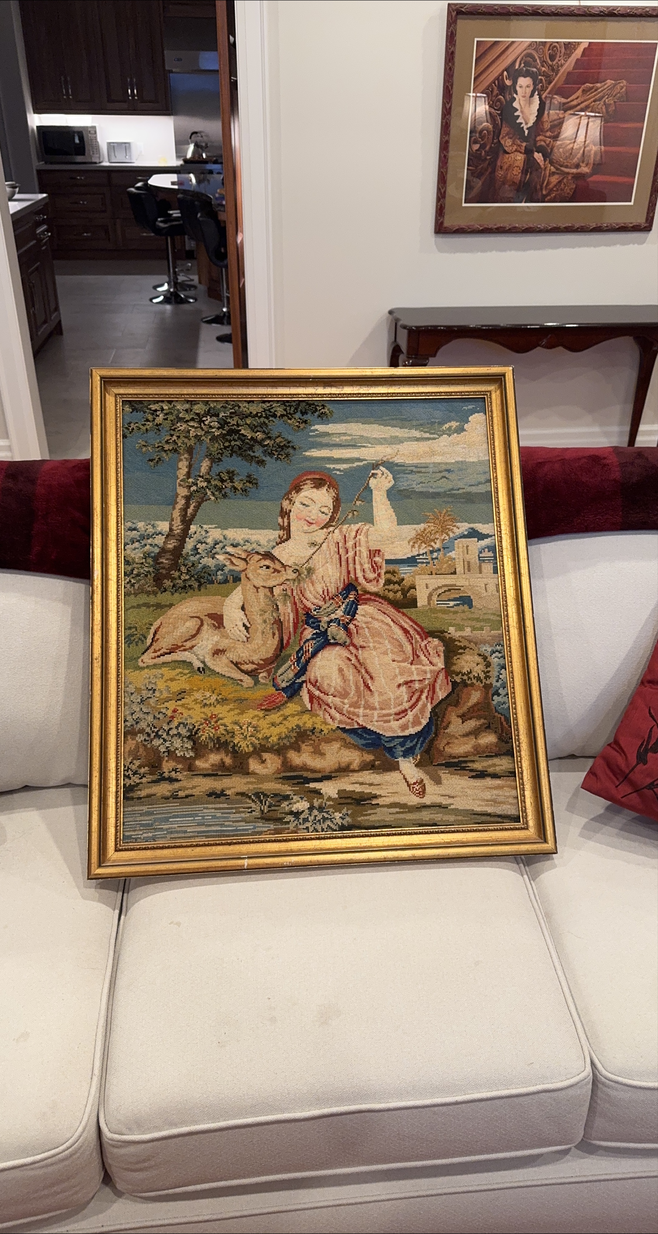 Framed Needlepoint Art - Woman with Deer