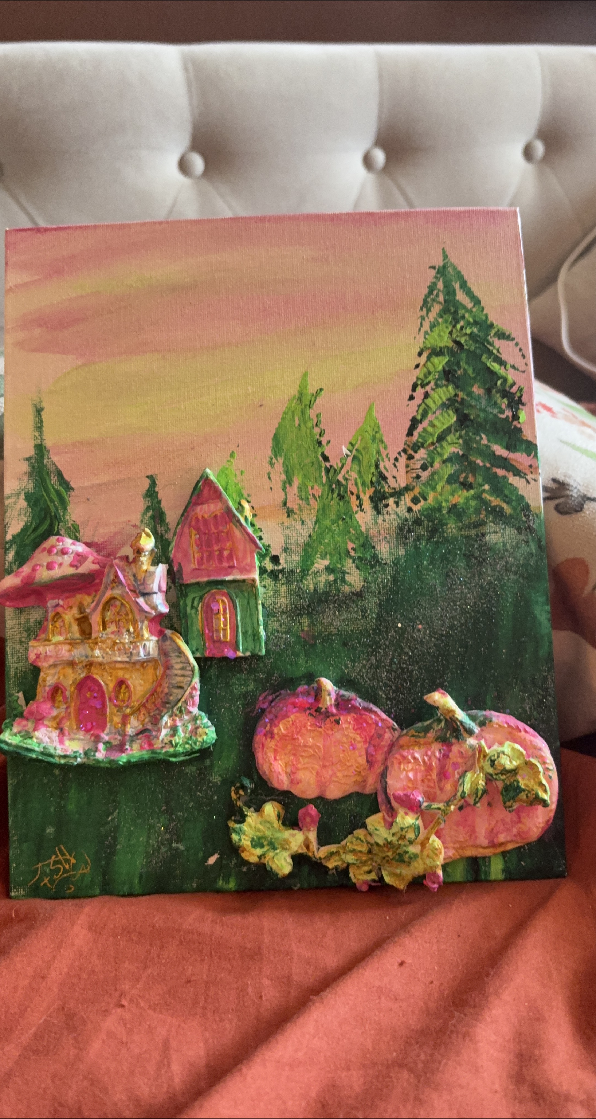 Handmade 3D Fairy House & Pumpkins Painting