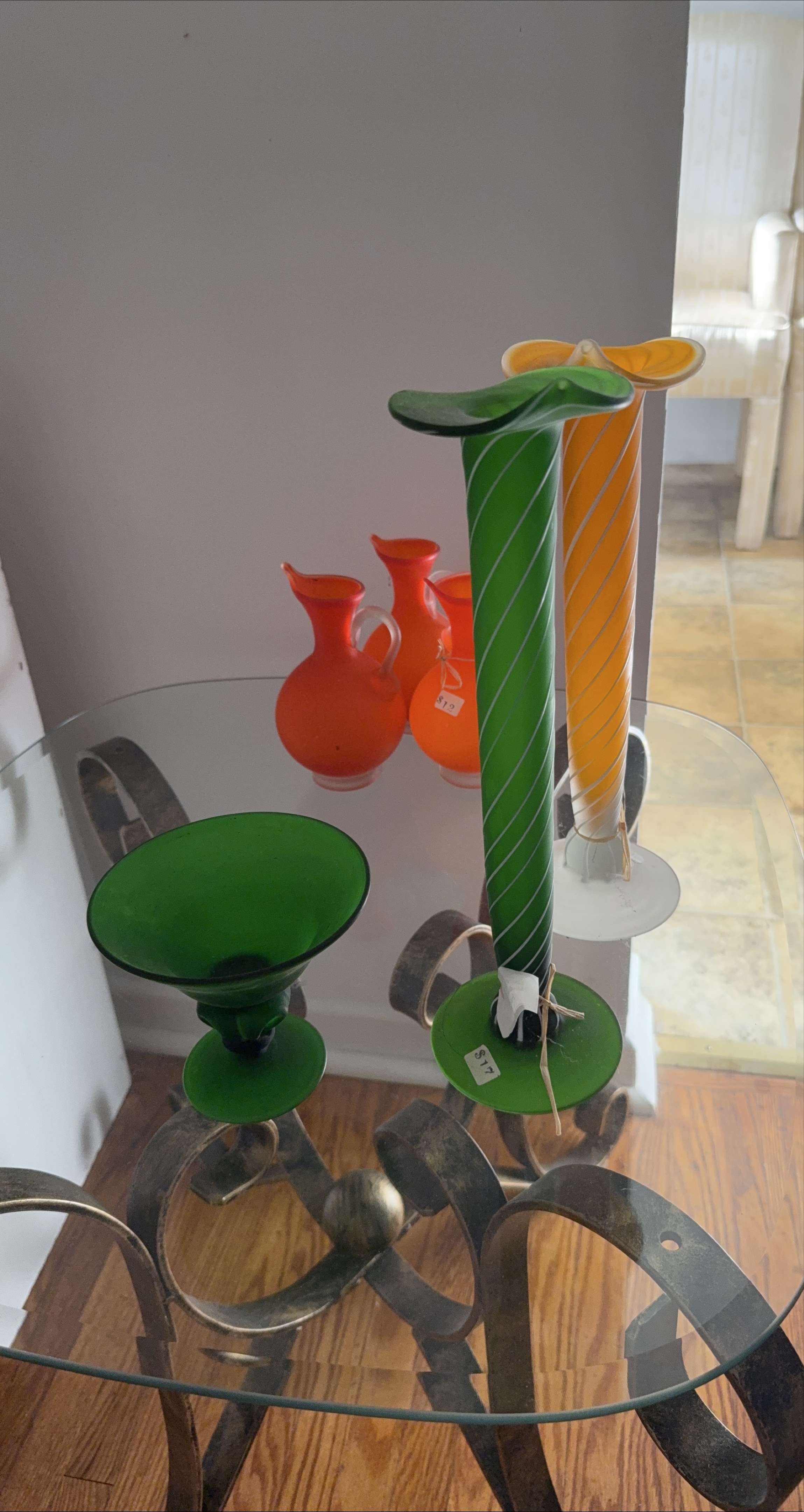 Hand Blown Green Glass Vase Set thumbnail