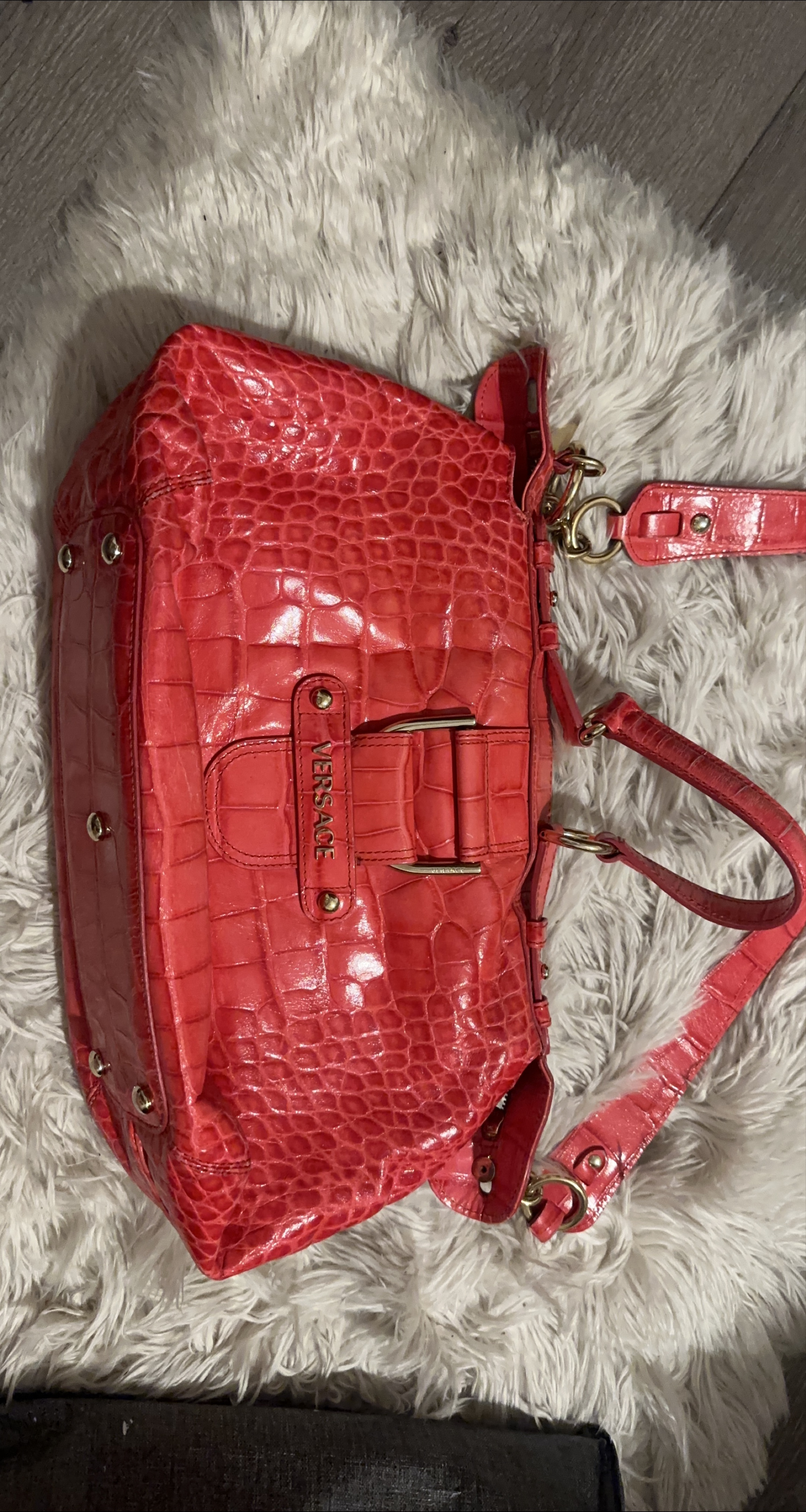 Versace Red Croc Embossed Leather Handbag thumbnail