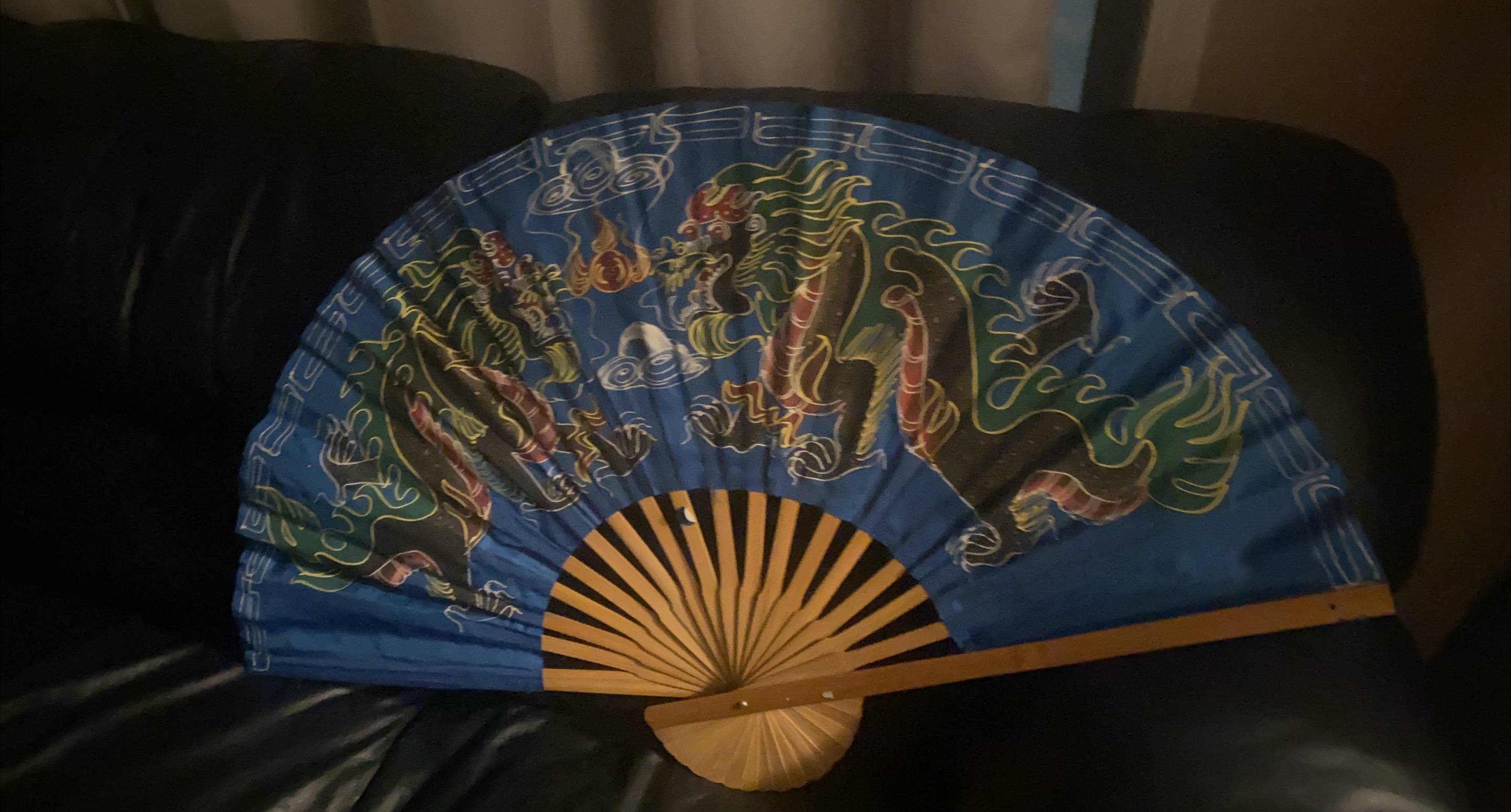 Blue Hand Fan with Dragon Design thumbnail