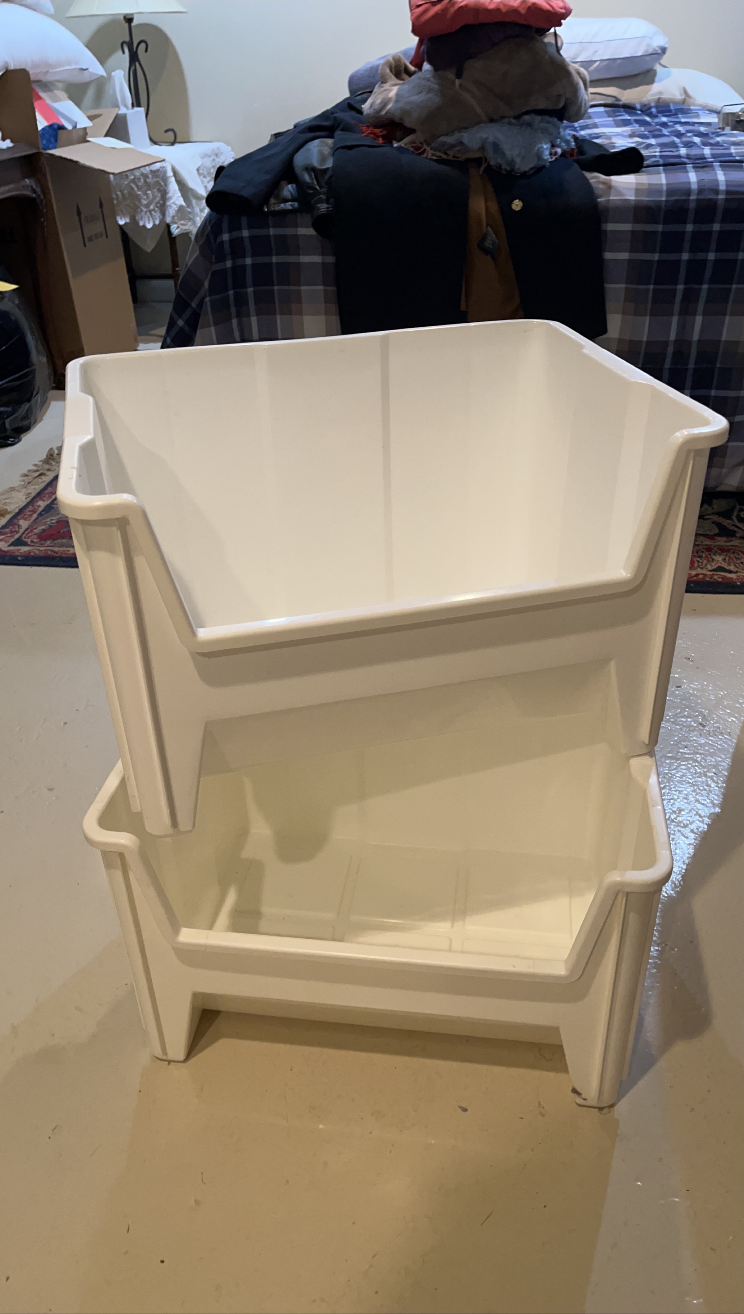 2 White Stackable Storage Bins thumbnail