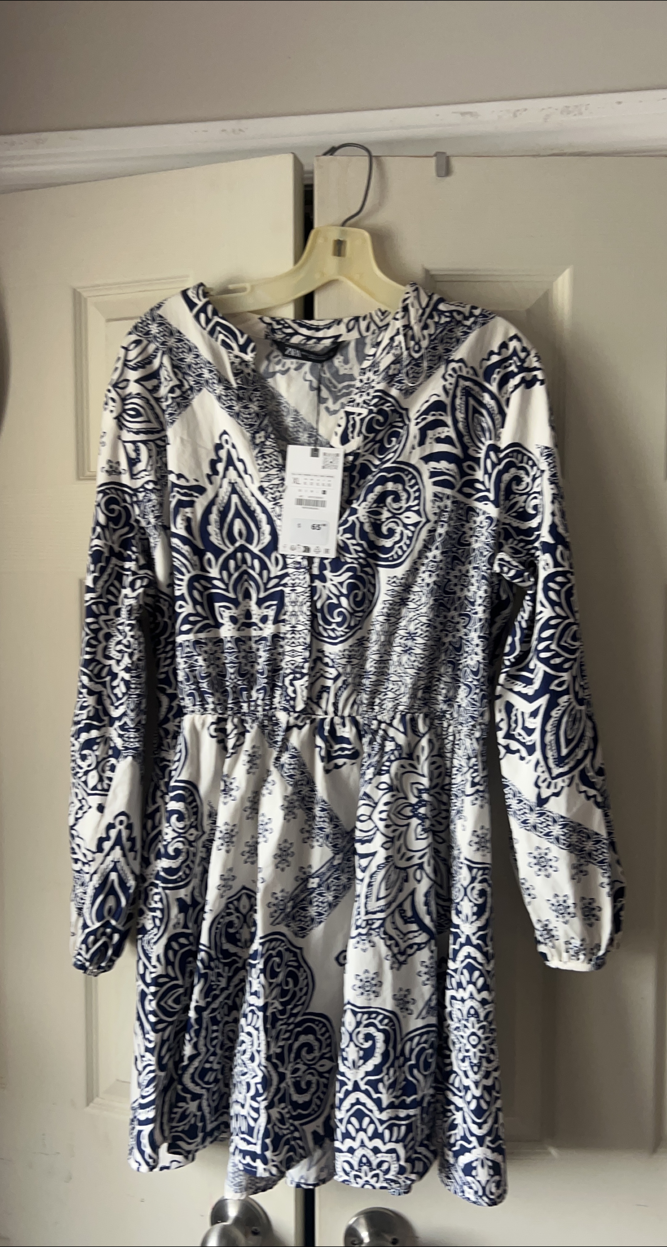 Zara White & Blue Print Dress - Size XL thumbnail
