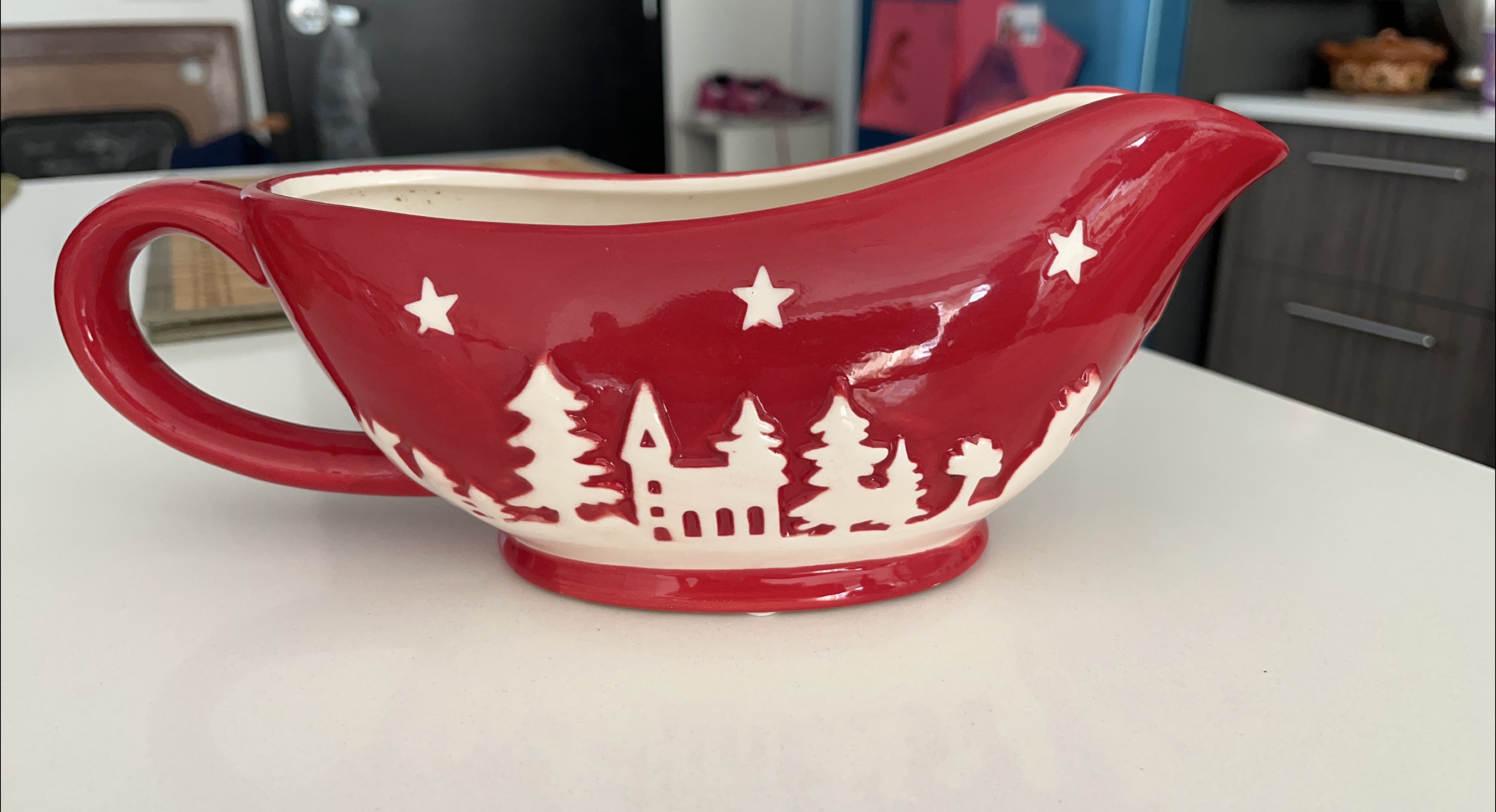 Red Gravy Boat with Christmas Tree Design