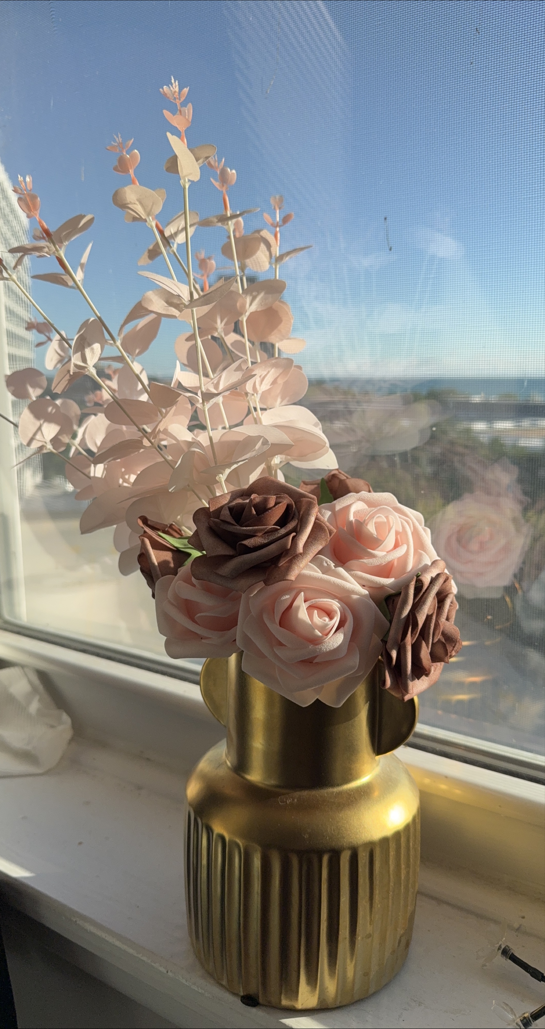 Golden Vase and Artificial Rose Flower Arrangement thumbnail