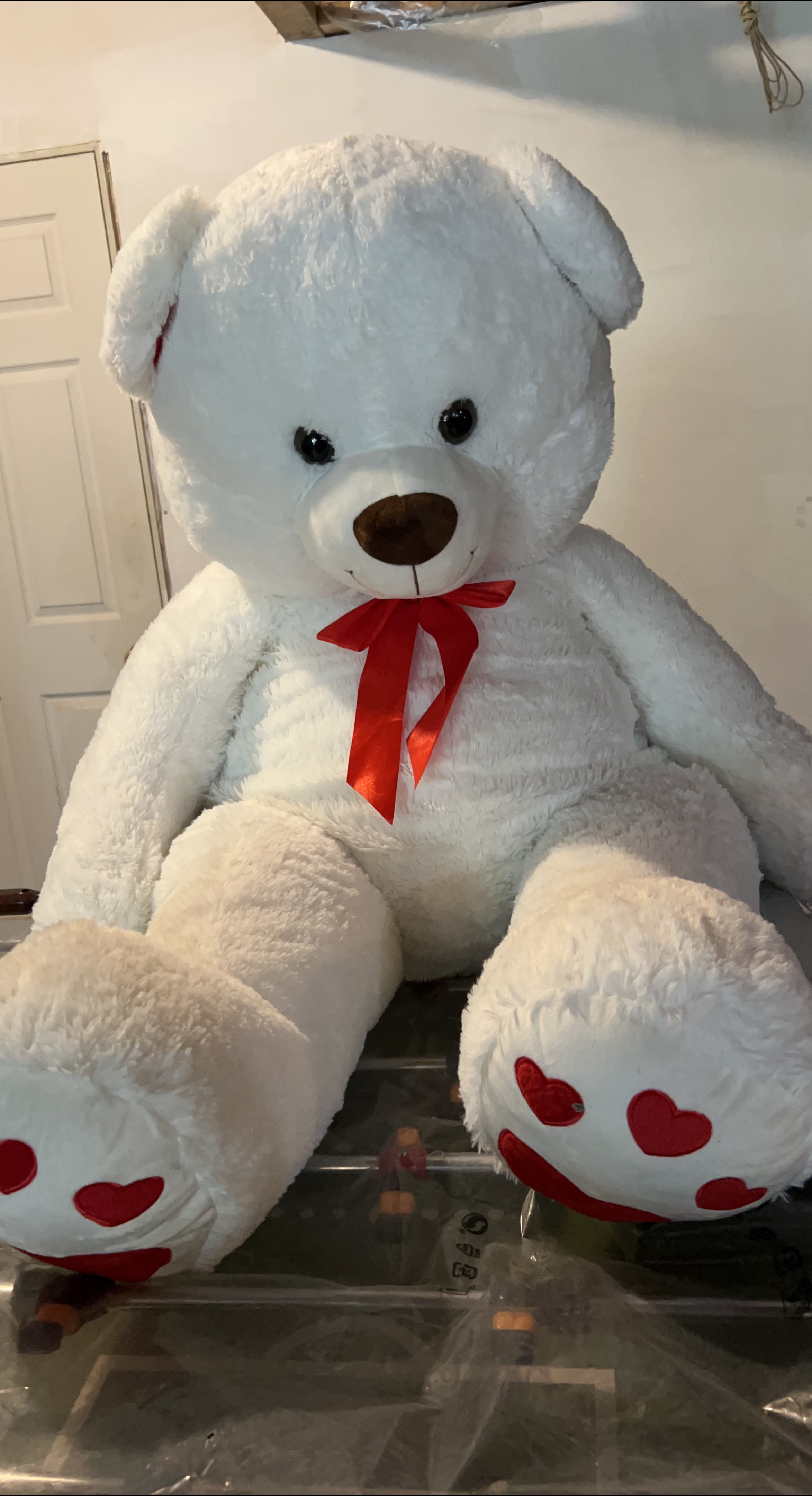 Large White Teddy Bear with Red Bow thumbnail