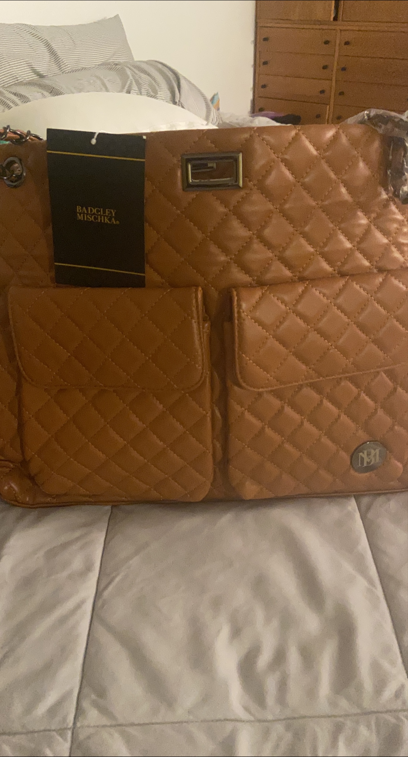 Badgley Mischka Quilted Tote Bag - Brown thumbnail