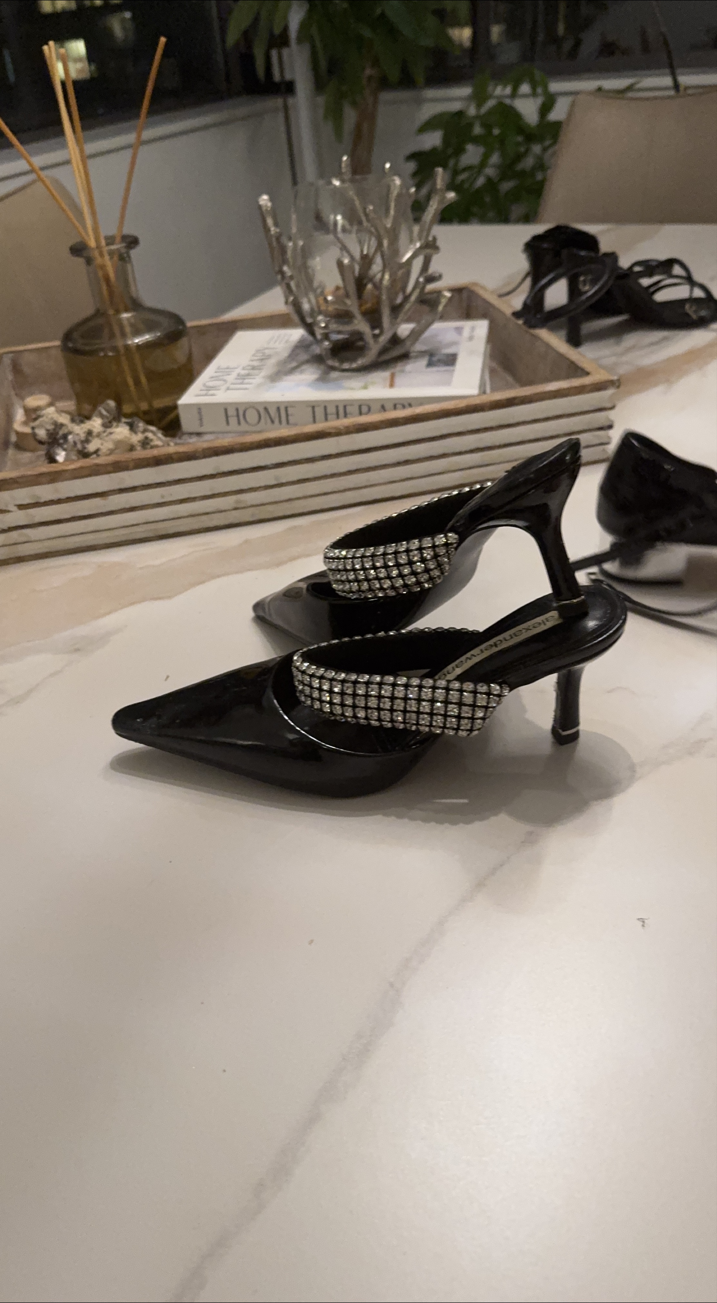 Alexander Wang Black Heels with Rhinestone Strap thumbnail