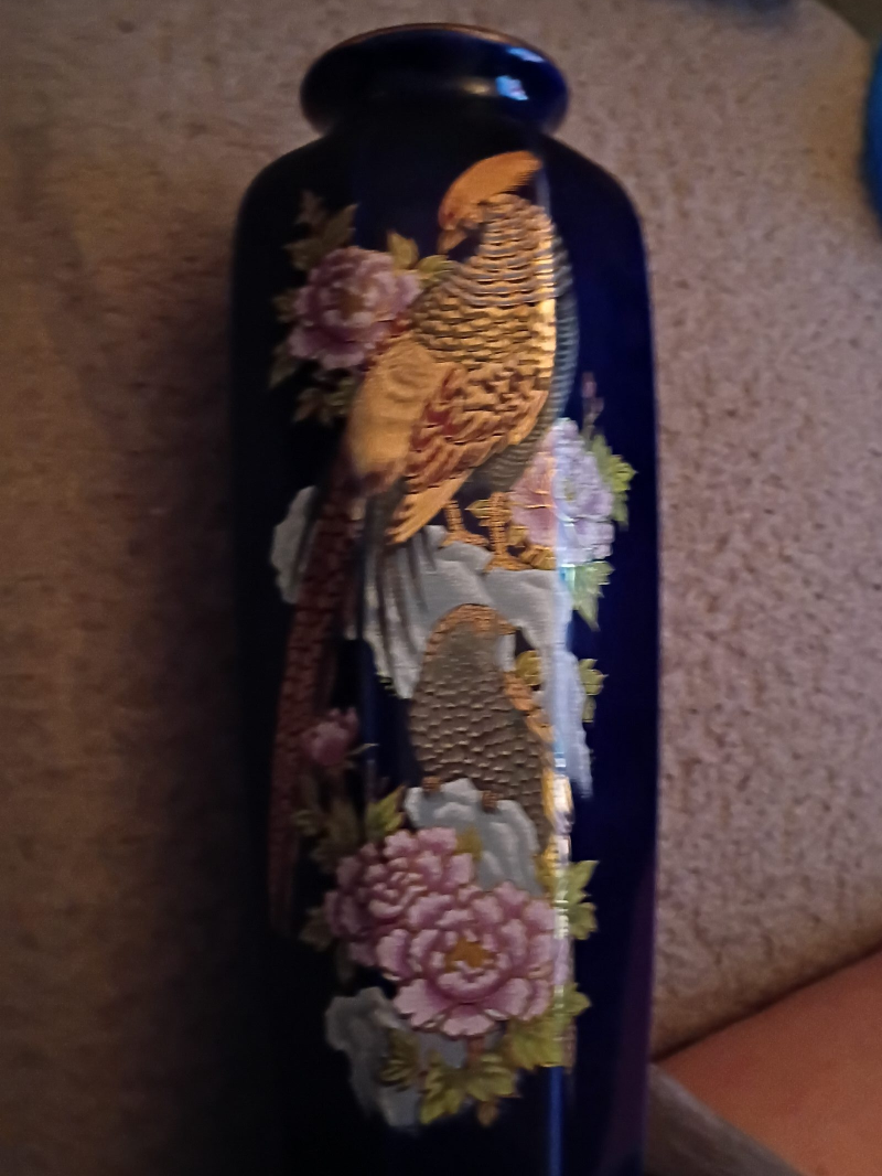Vintage Blue Vase with Bird and Floral Design