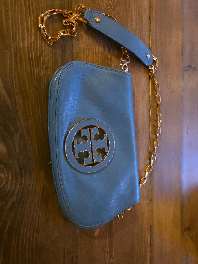 Tory Burch Blue Leather Clutch with Gold Chain thumbnail