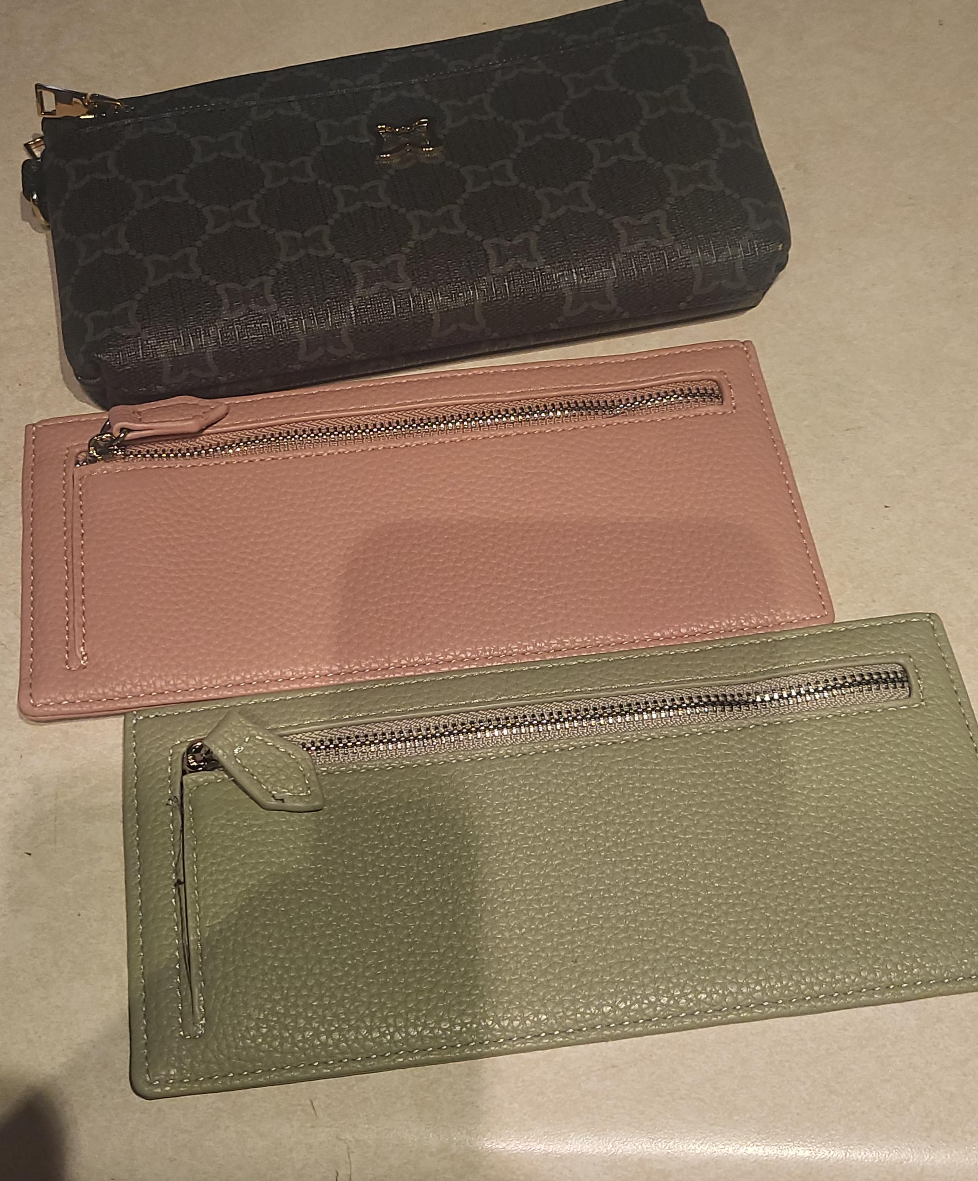 Three Wallets - Black Patterned, Pink, and Green