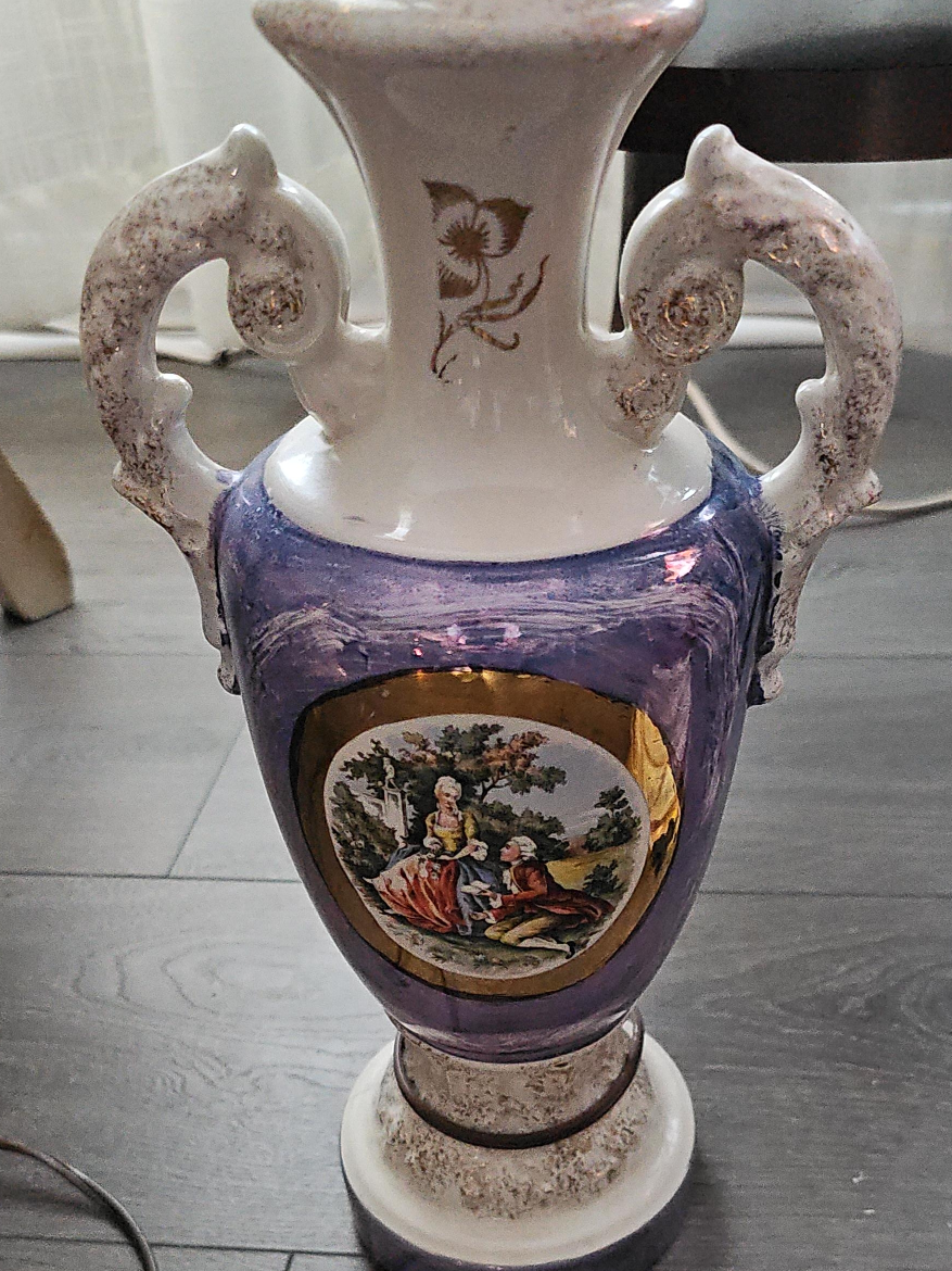 Vintage Purple & White Vase with Handles thumbnail