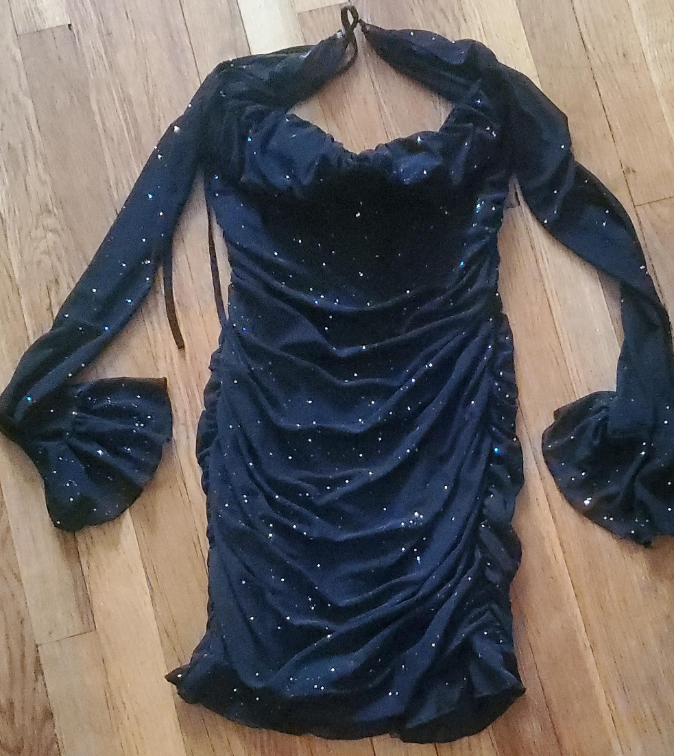Black Ruched Mini Dress with Long Sleeves thumbnail