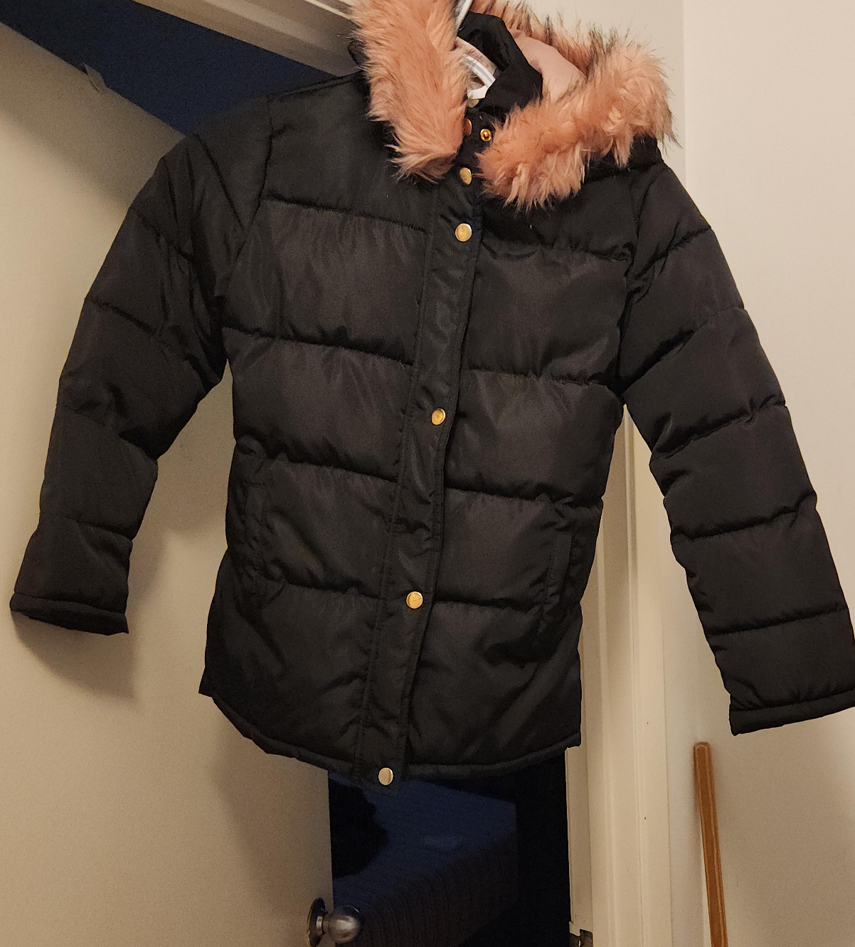 Black Puffer Jacket with Faux Fur Hood thumbnail