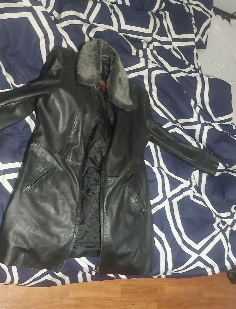 Black Leather Coat with Fur Collar thumbnail