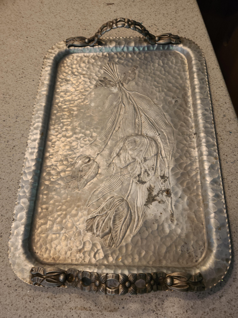 Vintage Hammered Aluminum Tray with Floral Design thumbnail