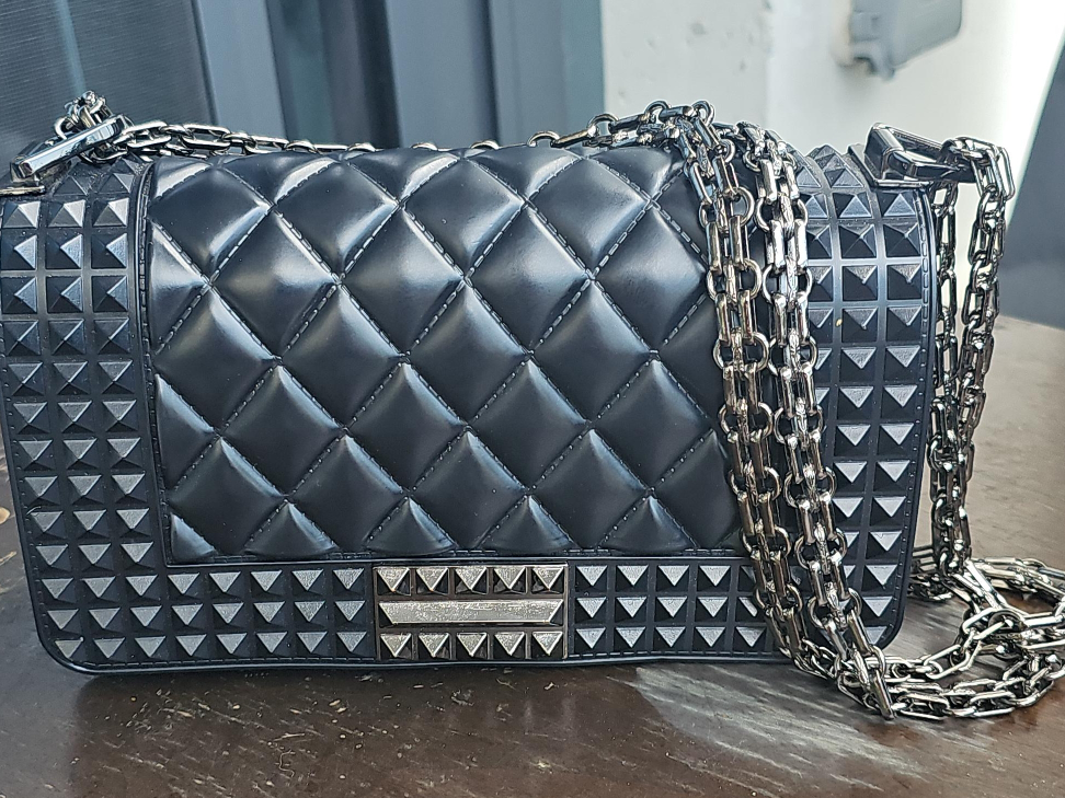 Black Quilted Studded Shoulder Bag made of thick rubber thumbnail