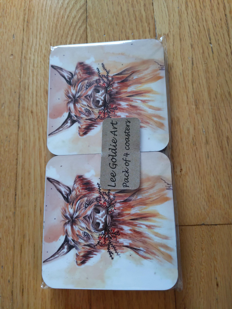 Lee Goldie Art Highland Cow Coasters - Pack of 4 thumbnail