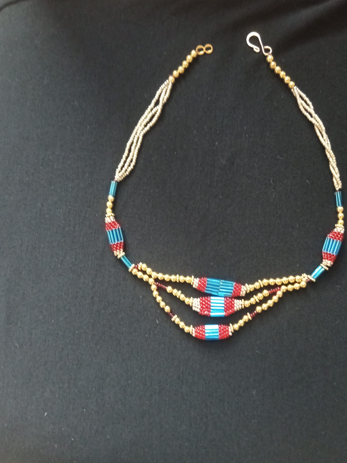 Beaded Necklace - Red, Blue and Gold thumbnail