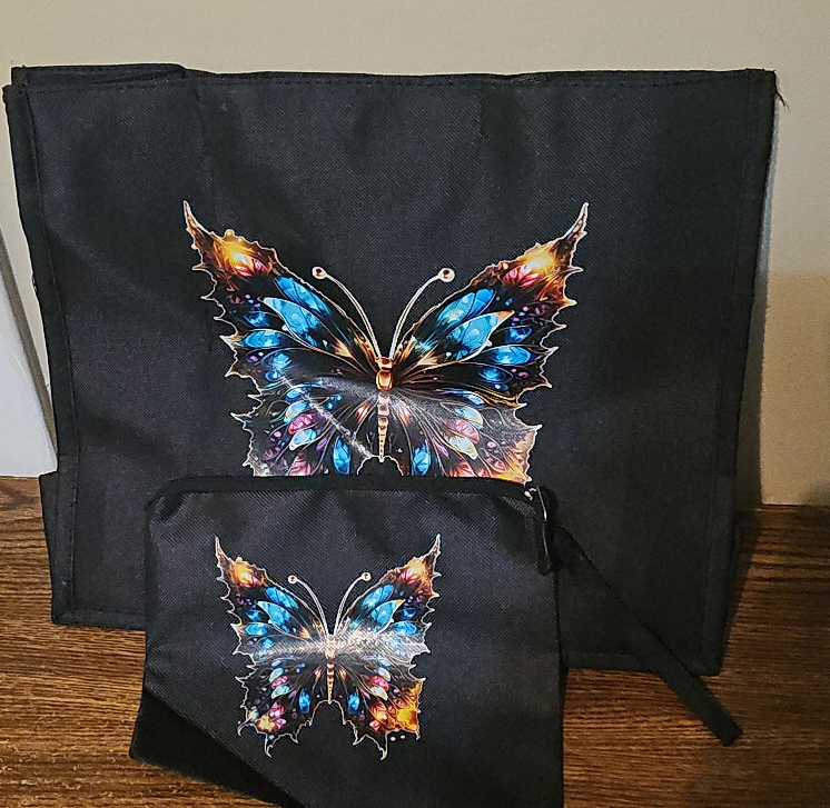 Butterfly Design Black Tote Bag & Pouch Set