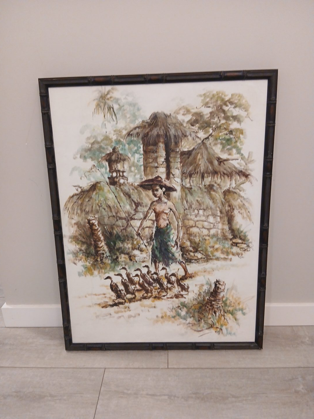 Village Boy With Ducks-Framed Watercolour Painting thumbnail