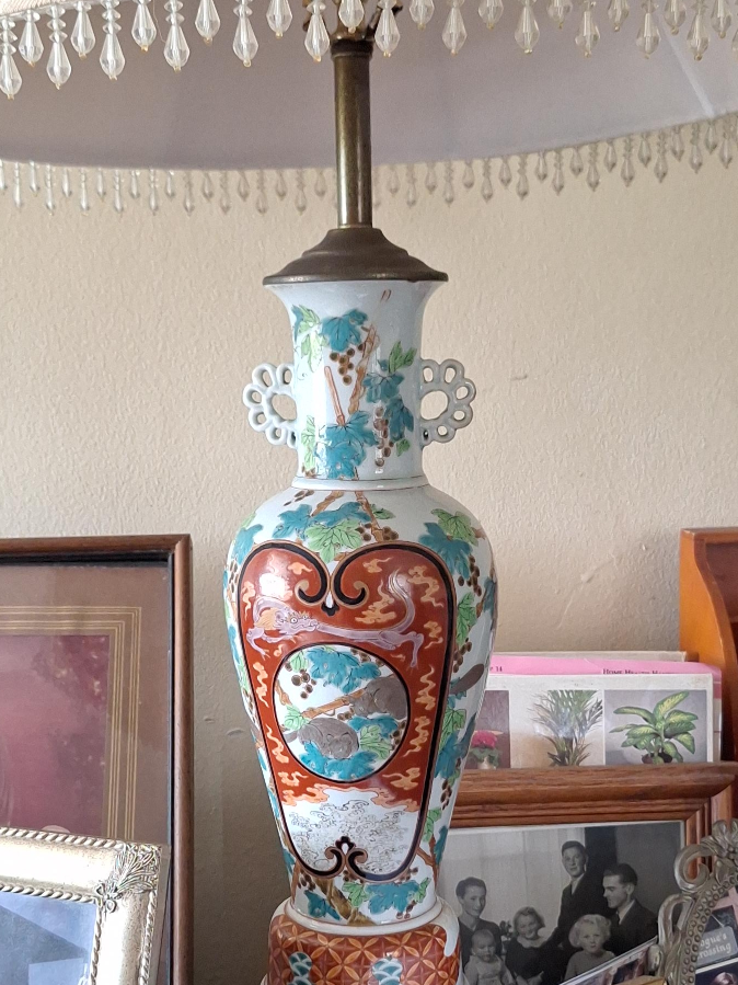 Vintage Porcelain Vase Lamp with Floral and Figural Design